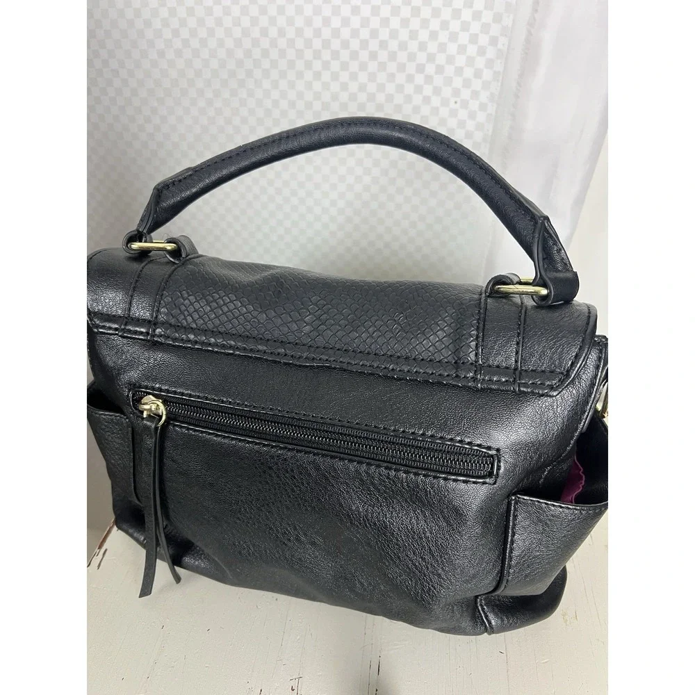 Nicole Miller Black Vegan Leather Hand‎ Satchel Bag Snake Skin Pink Lining